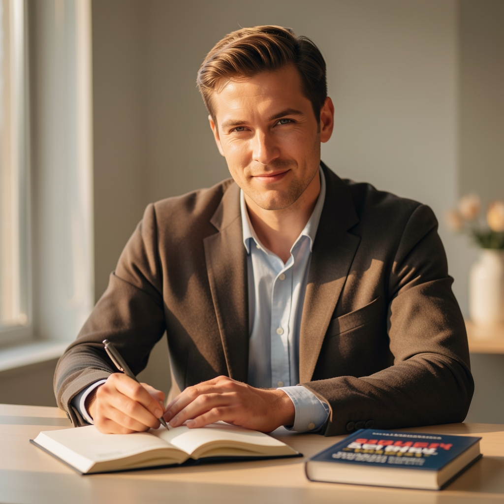 Editorial portrait of a male writer seated at a minimalist desk with notebooks and a supplement journal, soft window light