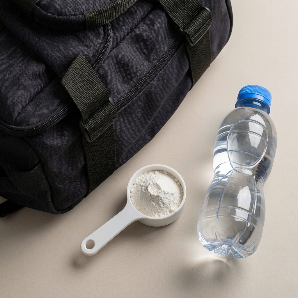 Creatine powder measuring scoop next to a gym bag and water bottle on a neutral surface, overhead editorial photography