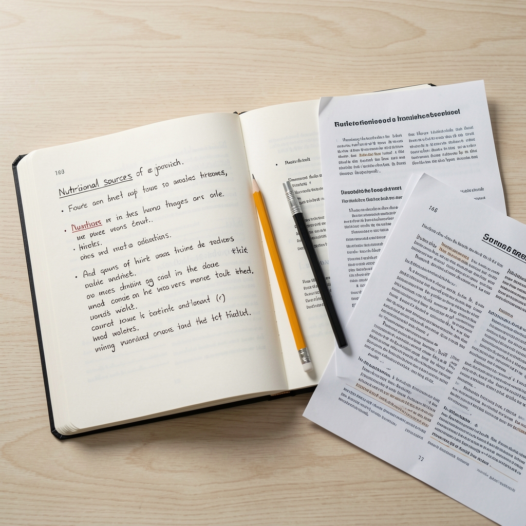 Open research notebook with written notes on nutritional sources, a pencil, and printed journal articles arranged on a pale wooden surface